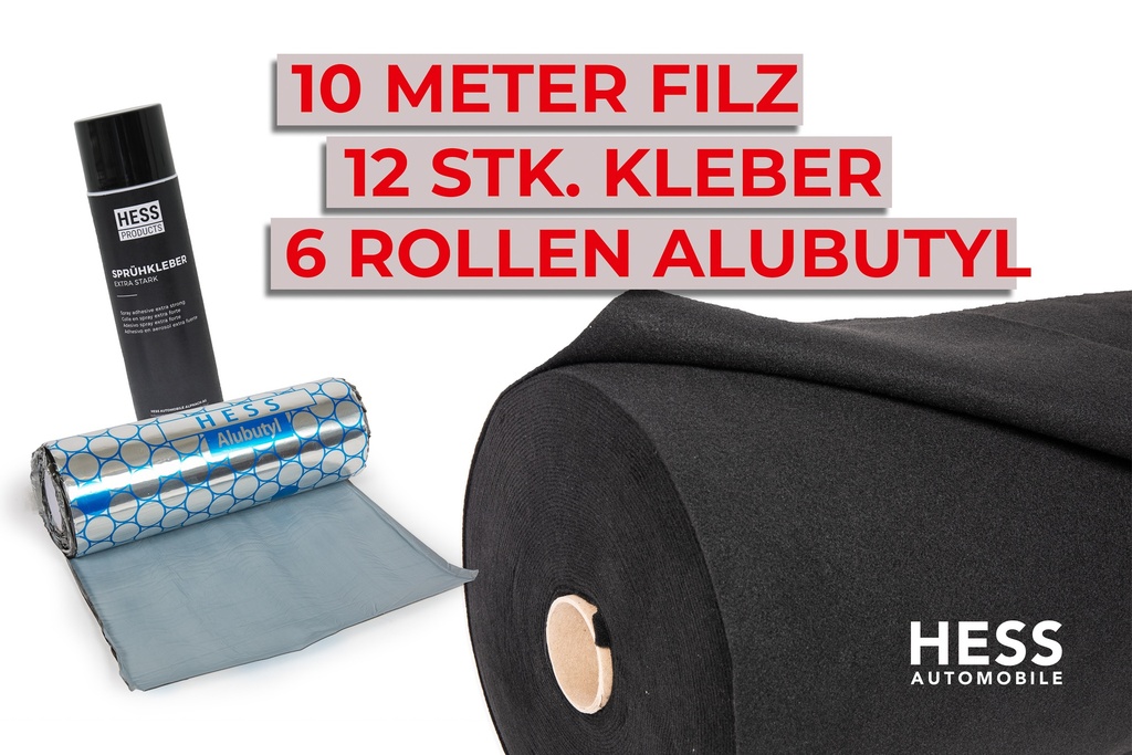 Komplettset Fahrzeugdämmung – 10m Filz, 12x Sprühkleber &amp; 6x Alubutyl-Rollen